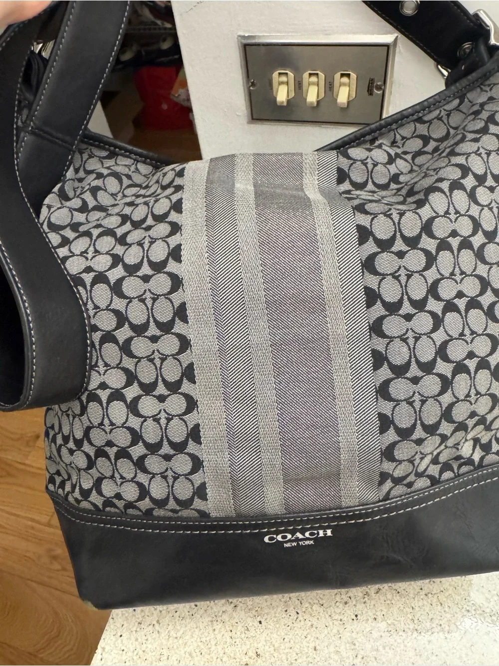 Coach Black and Gray Signature Canvas Hobo Bag